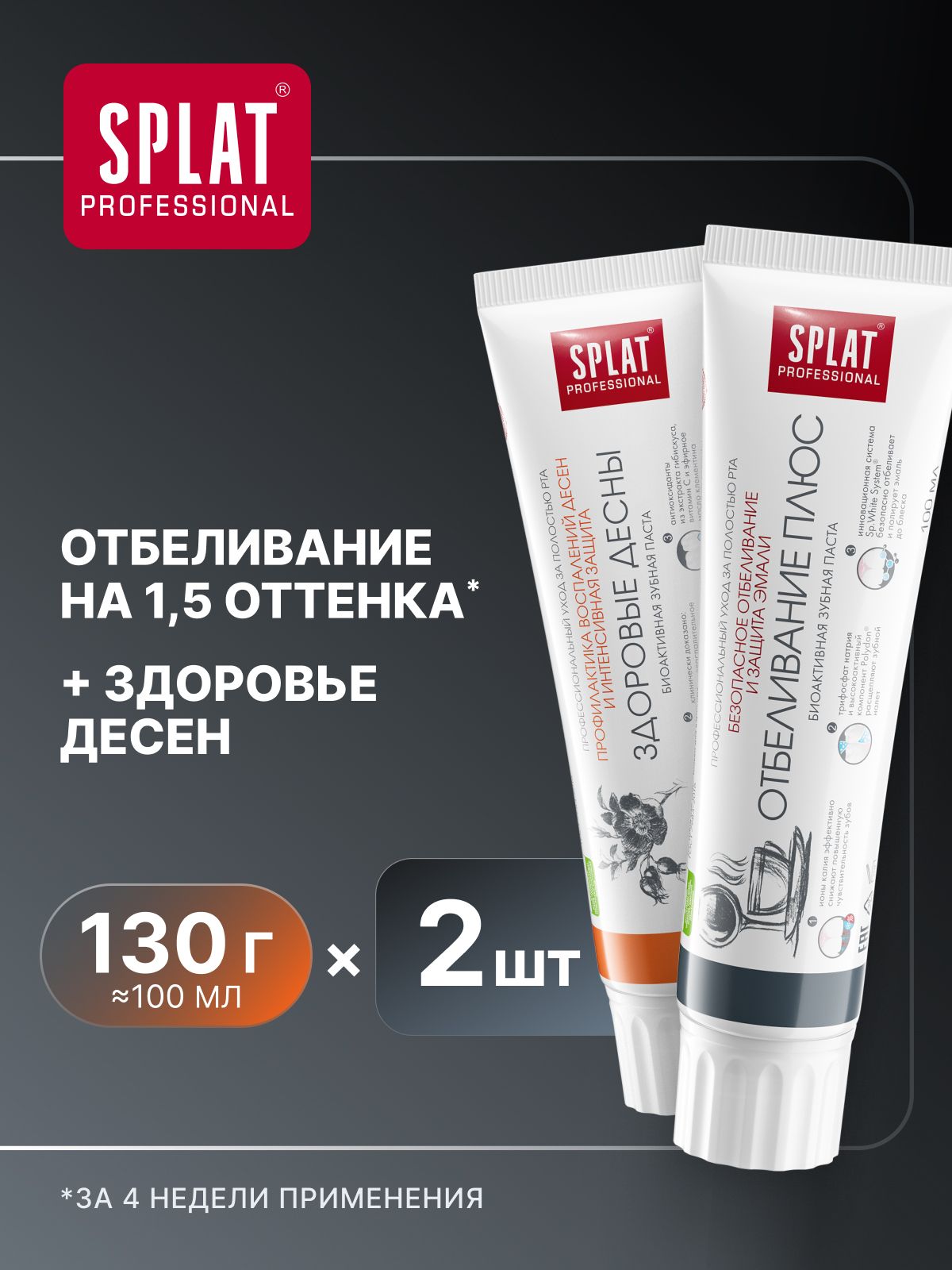 Зубная паста отбеливающая для чувствительных зубов и десен SPLAT Professional "Отбеливание плюс" + "Здоровые десны", 130 г (100 мл) х 2 шт.