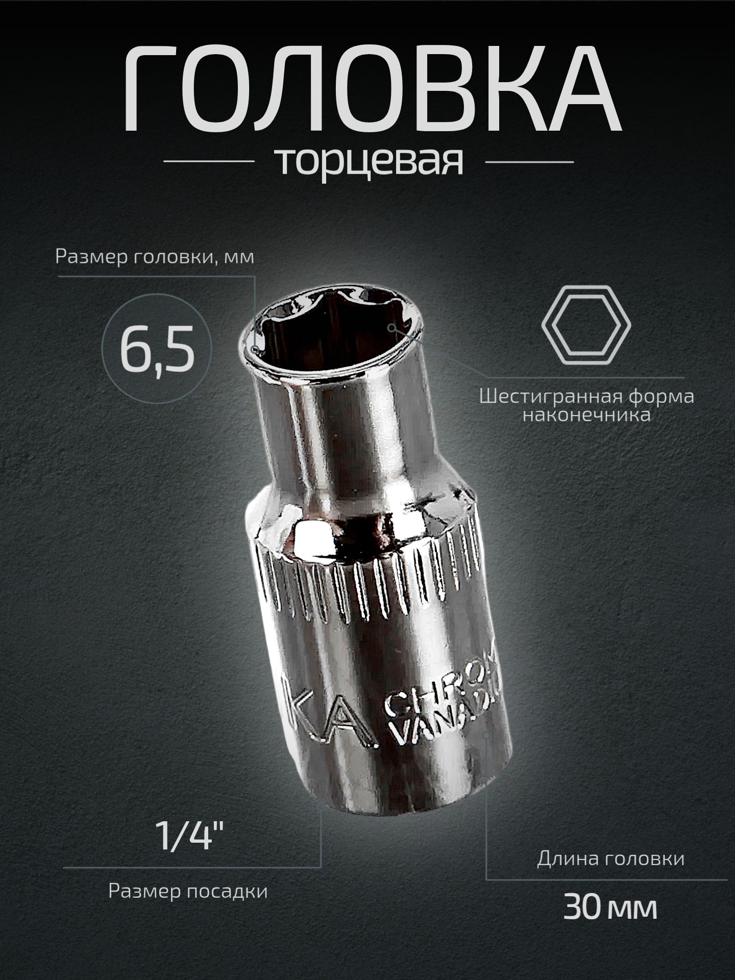Головка6.5мм1/46-гранная30ммЭВРИКА