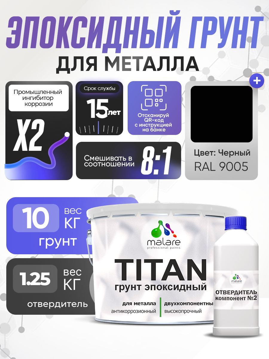 2К Грунт эпоксидный для металла TITAN Malare, двухкомпонентная грунтовка антикоррозионная высокопрочная, черный RAL 9005, 10 кг + 1,25 кг отвердитель