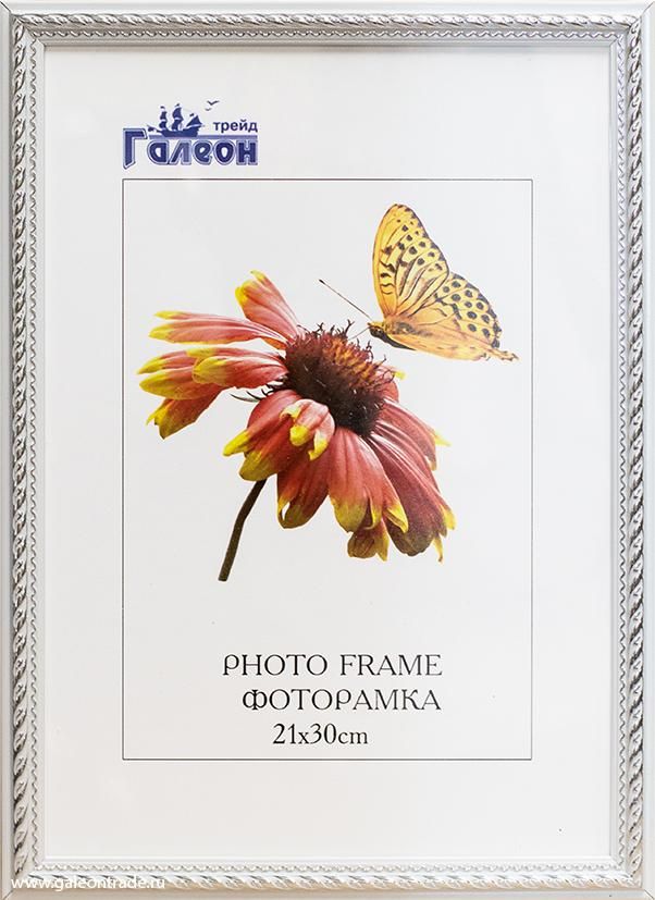 Фоторамка пластиковая 21 х 30 см, с акриловым стеклом, белая с серебром
