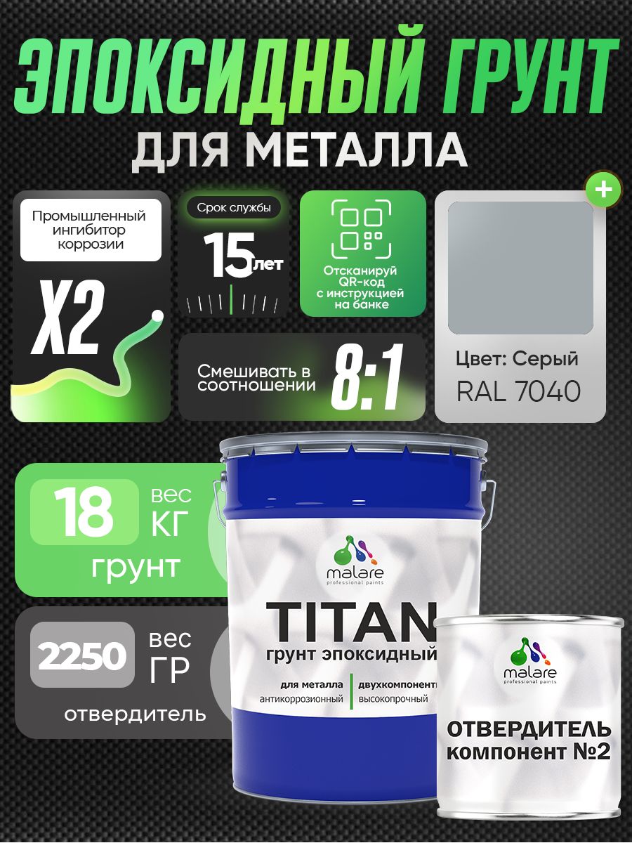 2К Грунт эпоксидный для металла TITAN Malare, двухкомпонентная грунтовка антикоррозионная высокопрочная, серый RAL 7040, 18 кг + 2,25 кг отвердитель
