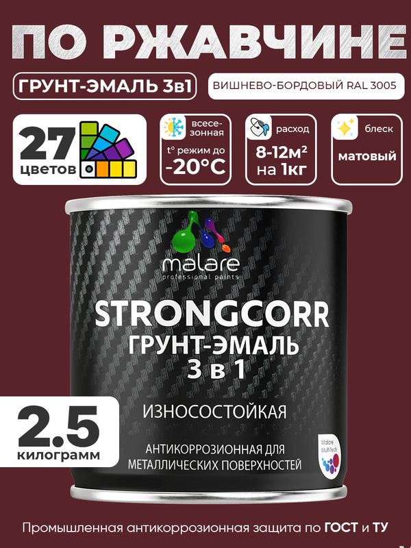 Грунт-Эмаль по ржавчине 3 в 1 Malare StrongCorr/ Краска по ржавчине для металла, износостойкая антикоррозионная акрил-уретановая матовая RAL 3005 вишнево-бордовый, 2,5 кг.