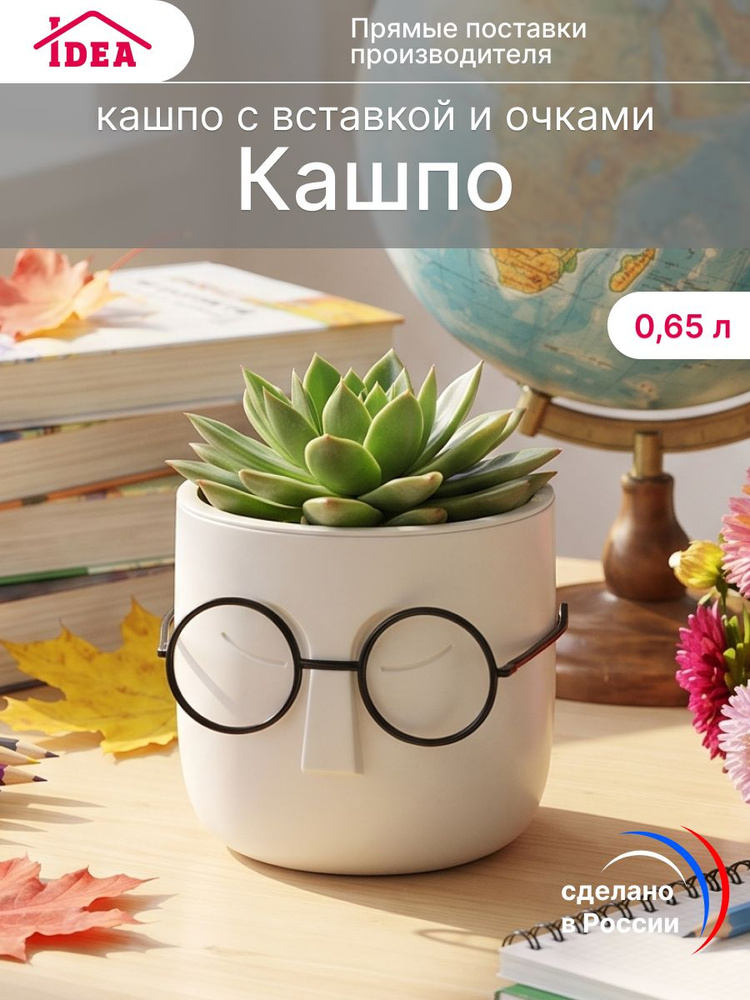 Кашпо для цветов 0,65л со вставкой и с очками, горшок для цветов #1