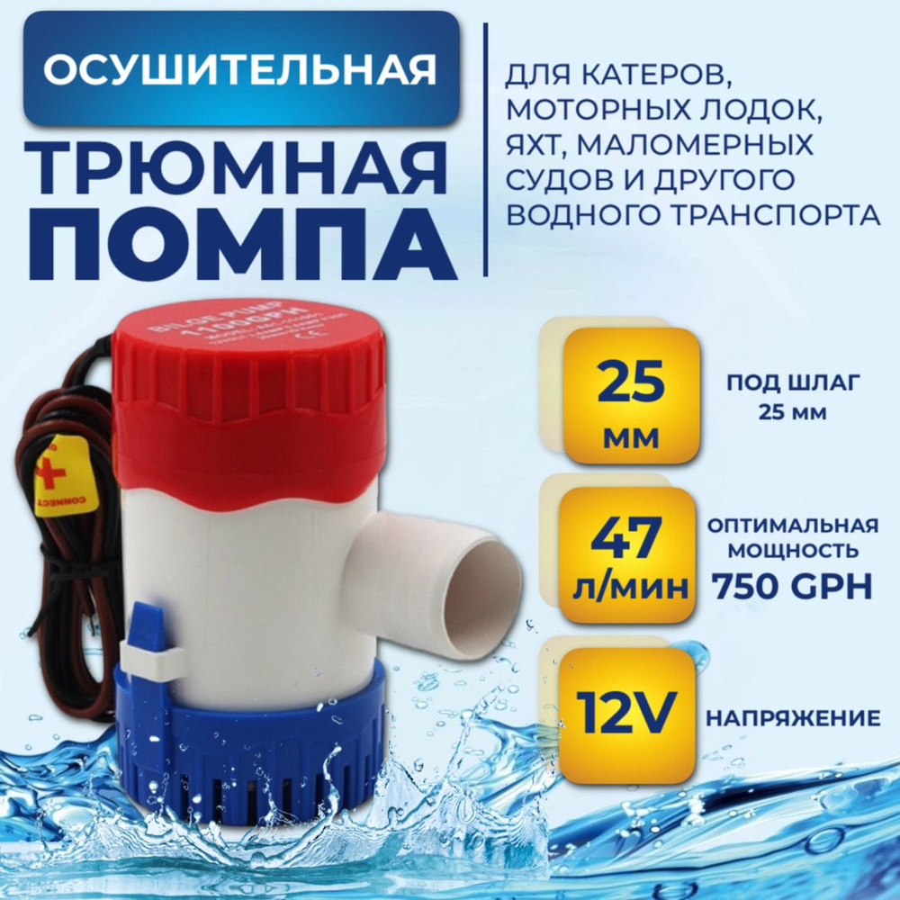 Помпа осушительная 750 GPH (47 литров в минуту), патрубок 15 мм, 12V ...