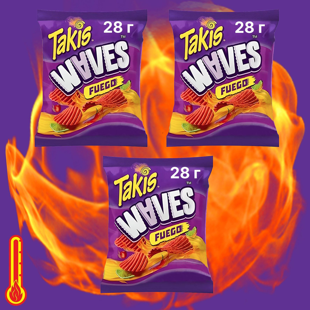 Рифленые картофельные чипсы Takis Fuego Waves Hot Chili Pepper & Lime Чили, Лайм 3 шт. по 28.3 г США #1