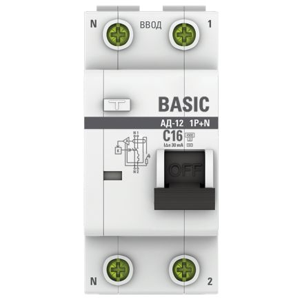 Автоматический выключатель дифференциального тока 1P+N 16А 30мА тип АС х-ка C эл. 4,5кА АД-12 Basic  #1