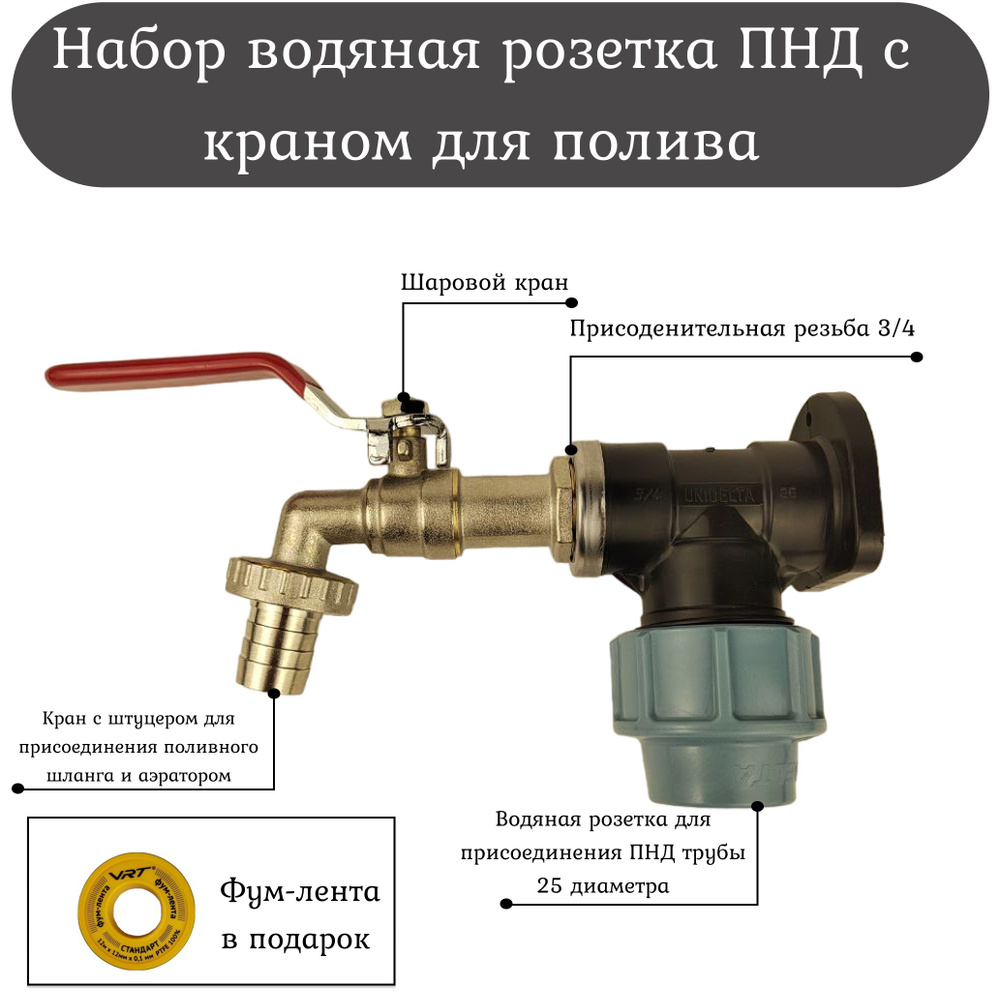 Набор водяная розетка Unidelta ПНД диаметром трубы 25мм с краном для полива 3/4 ACR  #1