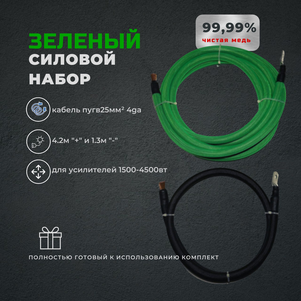 Кабель силовой медный для усилителя/моноблока 25мм 4ga зеленый - купить ...