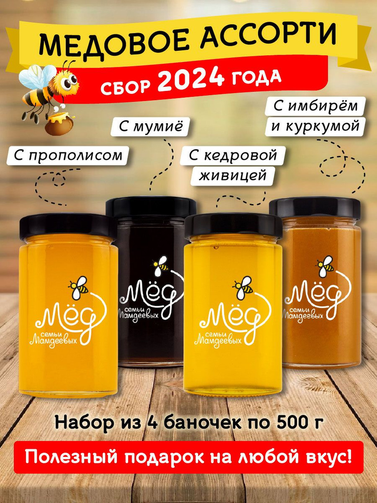 Ассорти 4шт по 500гр, полезный подарочный набор медов: С живицей, С прополисом, С мумие, Мед с имбирем #1