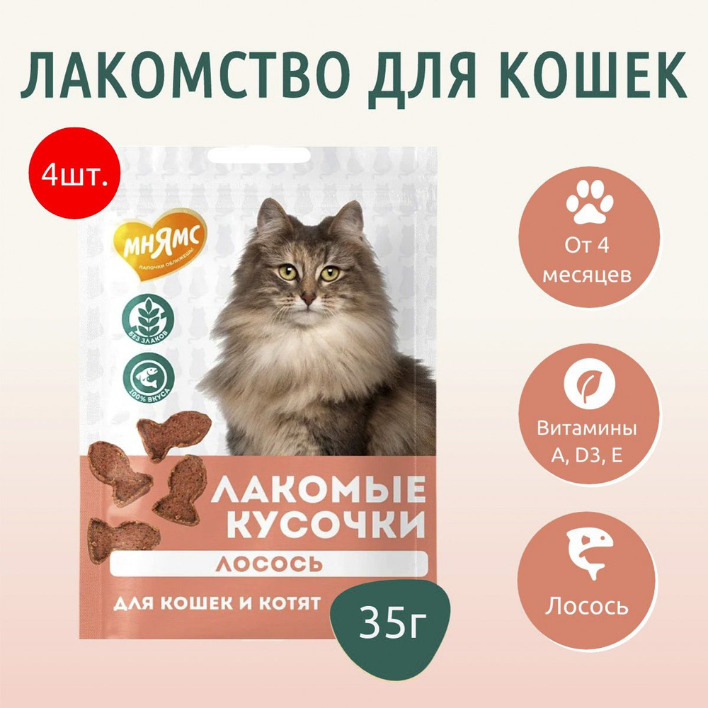 Лакомство Мнямс 140 г (4 упаковки по 35 грамм) для кошек и котят "кусочки" из лосося  #1