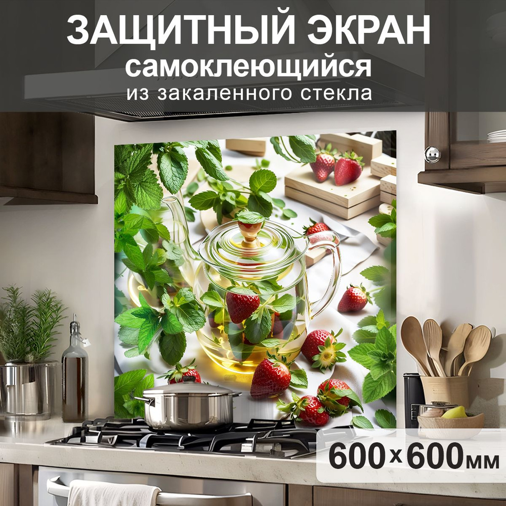 Защитный экран от брызг на плиту 600х600х4мм. Стеновая панель для кухни из закаленного стекла. Фартук #1