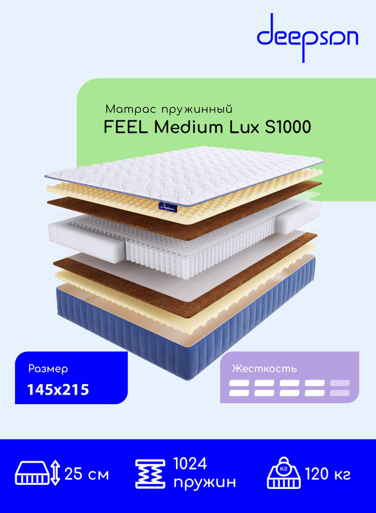 Матрас, ортопедический Deepson FEEL Medium LUX S1000 средней жесткости, Полутороспальный, Пружинный, #1