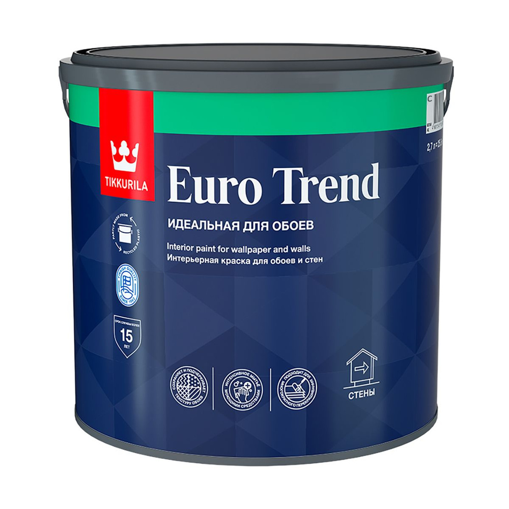 Интерьерная краска для обоев и стен, база С, 2,7 л TIKKURILA EURO TREND ...