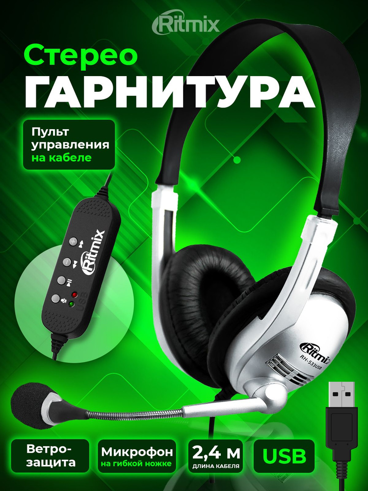 Гарнитура Ritmix RH-533USB Silver, стерео для компьютерных приложений с подключением по USB  #1