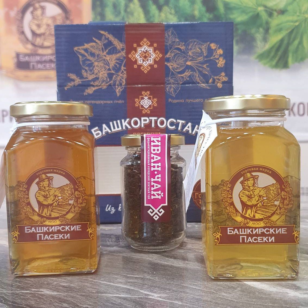 Подарочный набор БАШКИРСКИЕ ПАСЕКИ "Уфа", мед сбора 2024 года, чай, 830 ...
