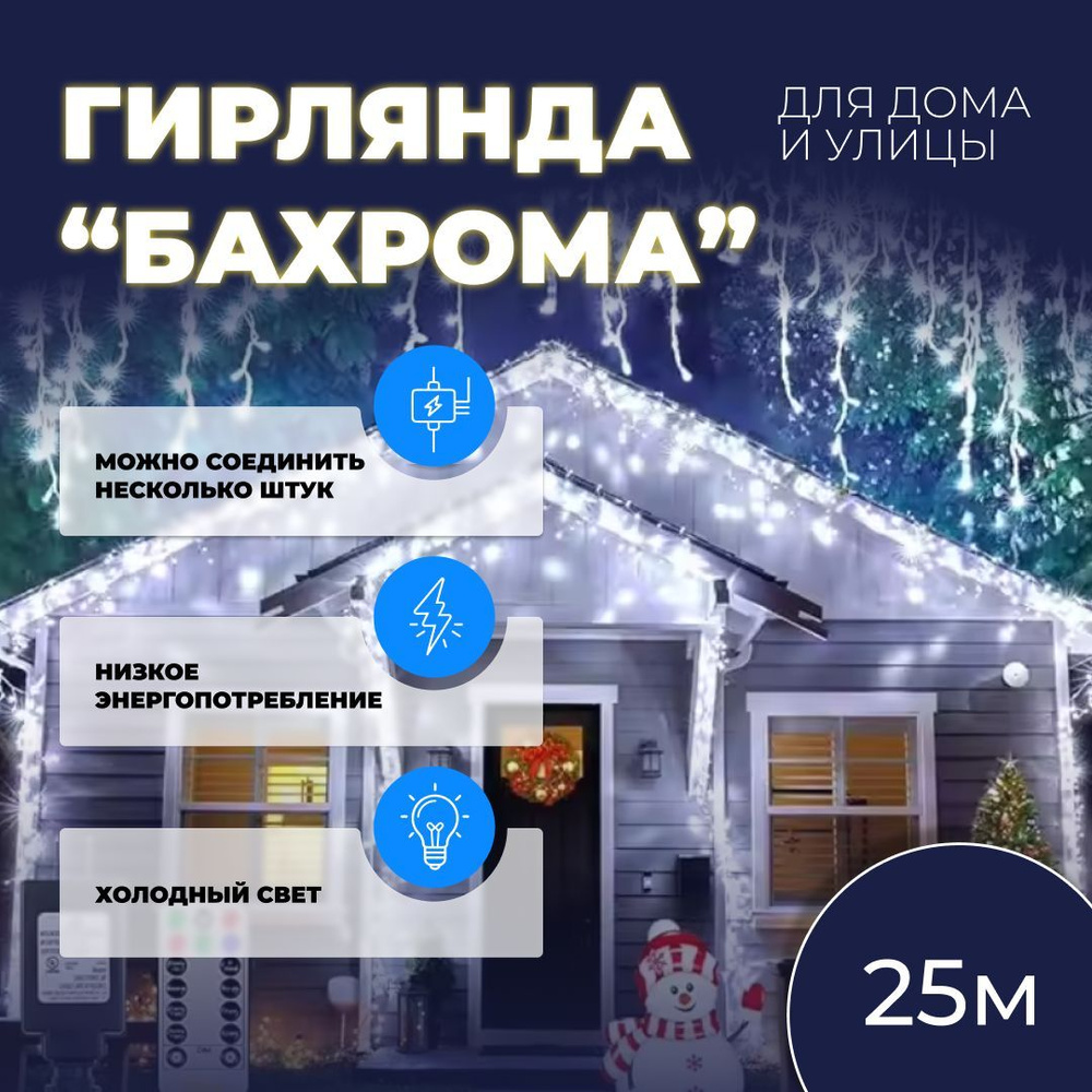 Электрогирлянда уличная бахрома 25 метров / серебро белый свет  #1