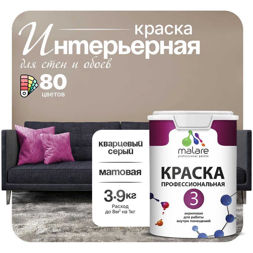 Краска Malare Professional Euro №3 интерьерная для стен и обоев, для потолка, акриловая, быстросохнущая, #1