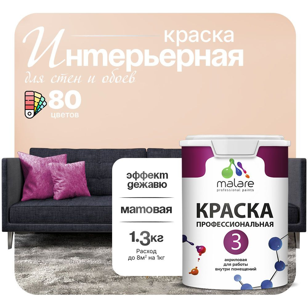 Краска Malare Professional Euro №3 интерьерная для стен и обоев, для потолка, акриловая, быстросохнущая, #1