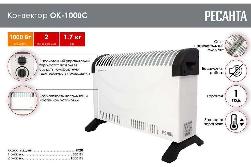 Конвектор электрический Ресанта ОК-1000С 67/4/6, Обогреватель 500/1000 Вт (напольная/настенная установка) #1