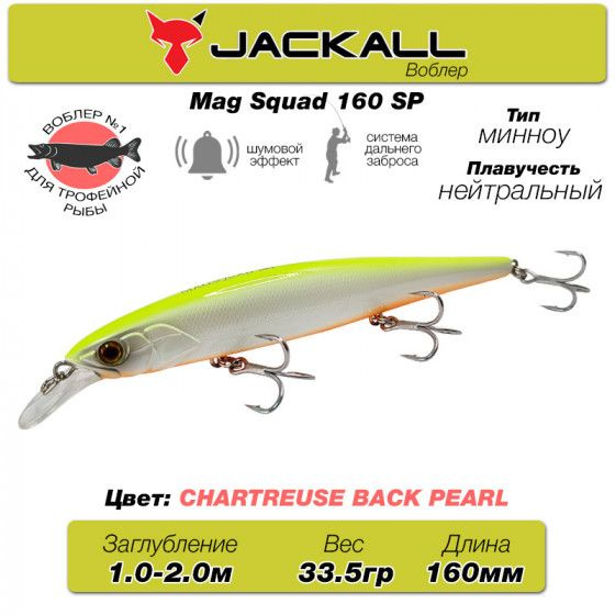 Уловистый воблер на щуку Jackall Mag Squad 160SP цв. chartreuse back pearl / Снасти рыболовные Воблер #1