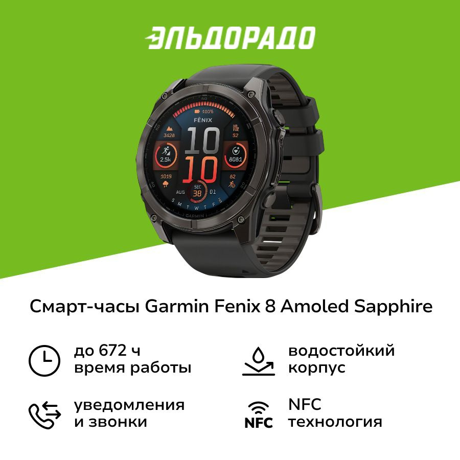 Смарт-часы Garmin Fenix 8 AMOLED Sapphire угольно-черный DLC, черный 51мм  #1