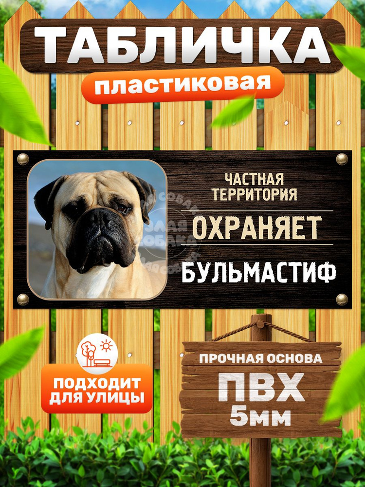 Табличка, Злая собака, Территорию охраняет Бульмастиф, 30см х 14 см, на забор, на дверь #1