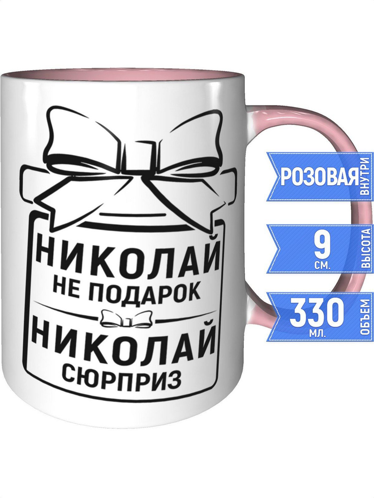 Кружка Николай не подарок, Николай сюрприз - с розовой ручкой и розовая внутри #1