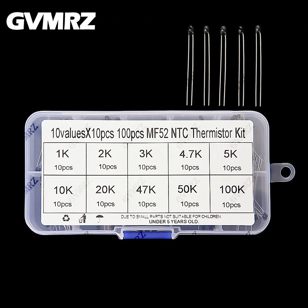 100PCS 10Values * 10PCS NTC Термисторный терморезистор комплект MF52 NTC-MF52AT 1K 2K 3K 4.7K 5K 10K #1