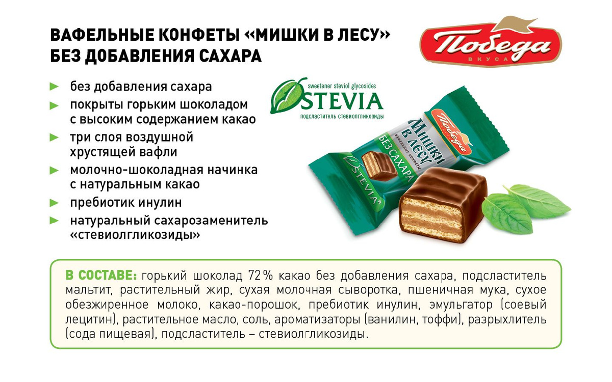 Конфеты Победа вкуса вафельные без сахара "Мишки в лесу" в горьком ...