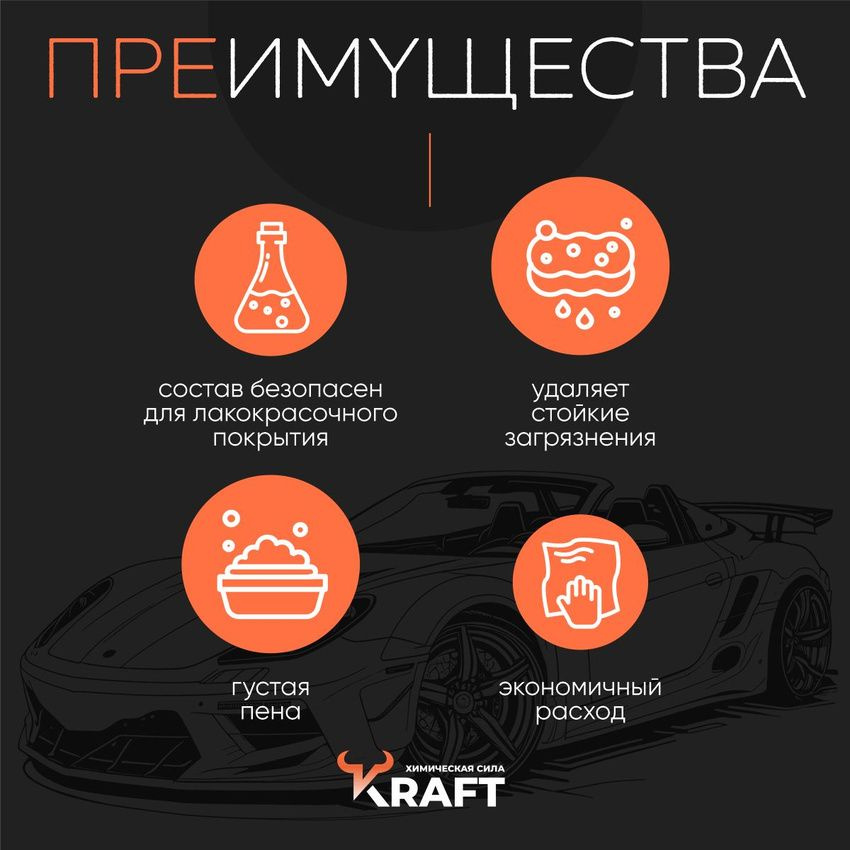 Автошампунь для бесконтактной мойки. Средство для бесконтактной мойки Kraft Gel - недорогая активная пена из линейки бренда Kraft. При этом шампунь отлично убирает стойкие загрязнения, жировые, масляные подтеки, дорожный реагент, не повреждая ЛКП автомобиля. Бесконтактный слабощелочной автошампунь подходит для всех видов техники: легковых и грузовых автомобилей, мотоциклов, квадроциклов, коммерческой и сельскохозяйственной технике. Бесконтактная автохимия Kraft Gel разработана специально для жесткой воды и легко удаляет дорожную грязь, реагенты, масло, мазут, следы от насекомых и древесных почек, пыль и другие виды дорожных загрязнений со всех поверхностей машины: лакокрасочного покрытия кузова, голого металла, наружного пластика, стекол, резины и дисков авто. Комплексообразователи в составе бесконтакта помогают бороться с жесткостью воды. Ингибиторы коррозии в составе препятствуют образованию ржавчины. Благодаря тщательному очищению кузова позволяет достигать эффекта автомобильного жидкого воска – автомобиль приобретает глянцевый блеск после мойки.