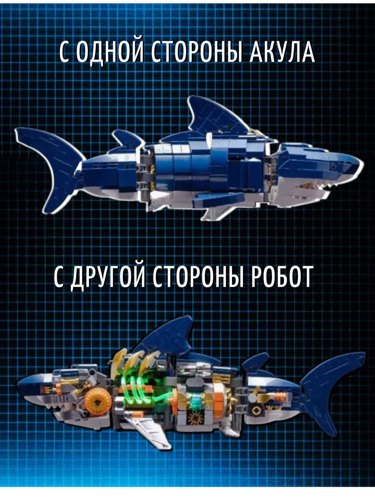С одной стороны - реалистичная акула, с другой стороны - фантастический робот. Лед подсветка или синяя кожа?
