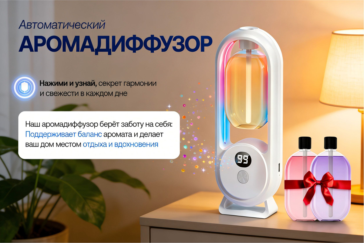 Опуститесь в мир нежных ароматов и спокойствия с нашим ароматическим диффузором для дома! Хотите, чтобы каждая комната наполнилась уютом, свежестью и притягательным ароматом? Наш диффузор ароматический для дома станет идеальным решением! Забудьте о неприятных запахах — автоматический освежитель воздуха для дома обеспечит свежесть 24/7. Выберите ароматизатор для туалета и наслаждайтесь чистотой без хлопот. Просто и удобно — наш освежитель воздуха автоматический для дома активируется самостоятельно, поддерживая свежесть в любое время! С этим аромадиффузором вы забудете о сухом воздухе, ведь он также выполняет функцию увлажнителя. Благодаря электрическому диффузору аромат наполняет пространство равномерно и создает атмосферу спокойствия и умиротворения. Используйте его как акцент в интерьере — стильный дизайн легко впишется в декор для дома и интерьера, добавив нотку изысканности. Почувствуйте волшебство своих ароматов с аромадиффузором, который дарит легкость в управлении и стильный акцент в интерьере. В подарок идут 2 аромата - Шангрила и Хилтон по 50мл каждая.