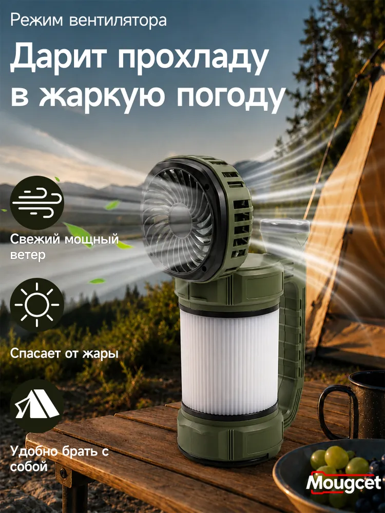 Фонарь Mouget 2в1 свет и вентилятор солнечная зарядка USB-C боковой свет красный режим подвесной, красный, фото 6
