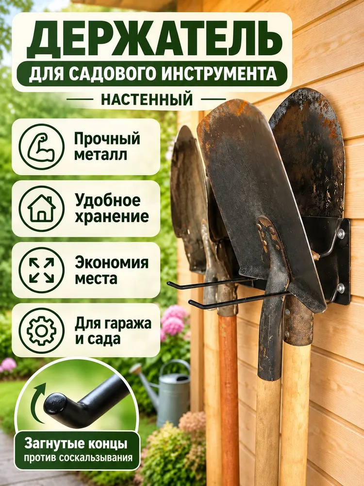 Держатель для садового инструмента настенный металлический, двойной кронштейн для хранения лопат и грабель, 25 см, вариант, фото 2