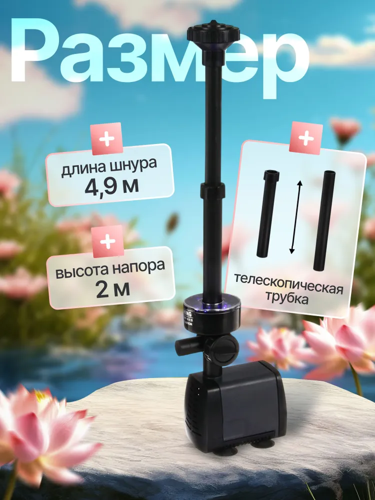Фонтан для садового пруда с LED-подсветкой 40 Вт, 2000 л/ч, высота струи до 2 м, 15 светодиодов, насос для водоема с насадками, 40 Вт, 2000 л, фото 3