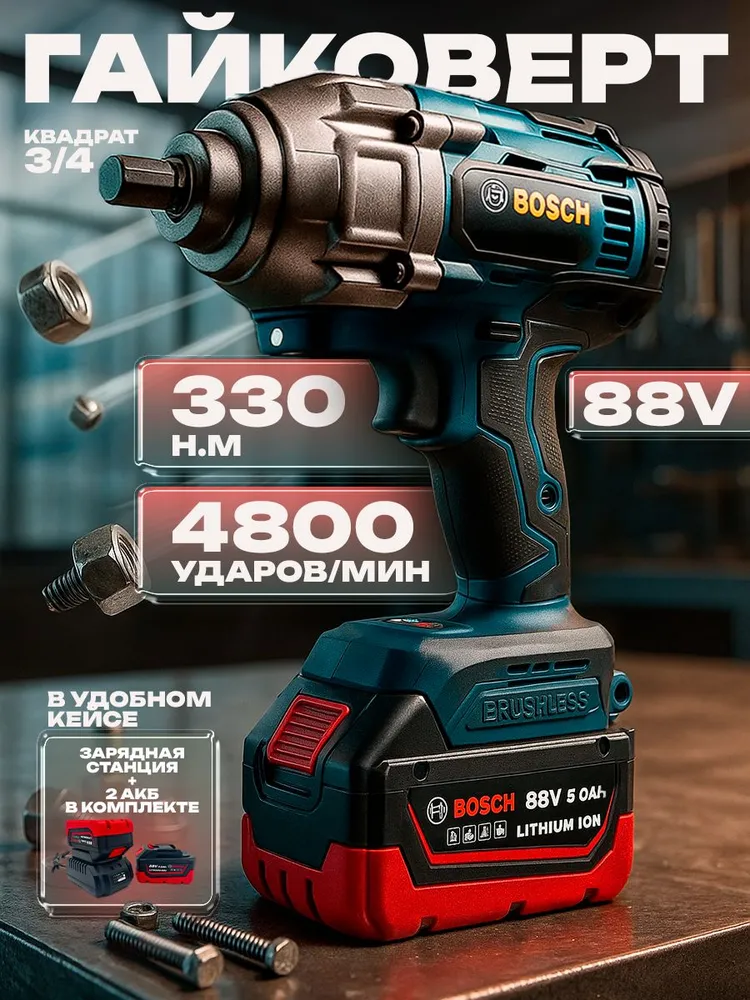 Bosch, Набор электроинструментов аккумуляторных 4 в 1 / Шуруповерт, Гайковерт, Болгарка (УШМ), Перфоратор / 88V 5.0 Ah, вариант, фото 4