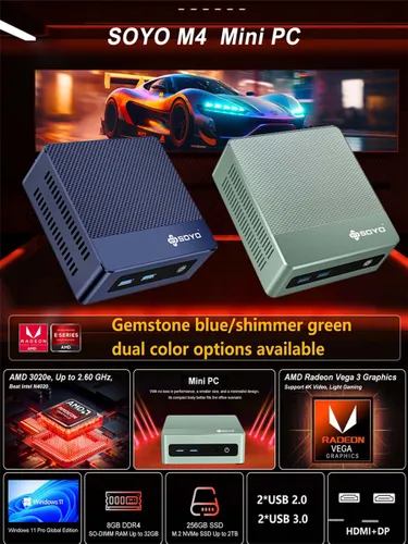 SOYO Мини-ПК (AMD 3020e, RAM Отсутствует, AMD Radeon RX Vega 3, Windows), M4, зеленый