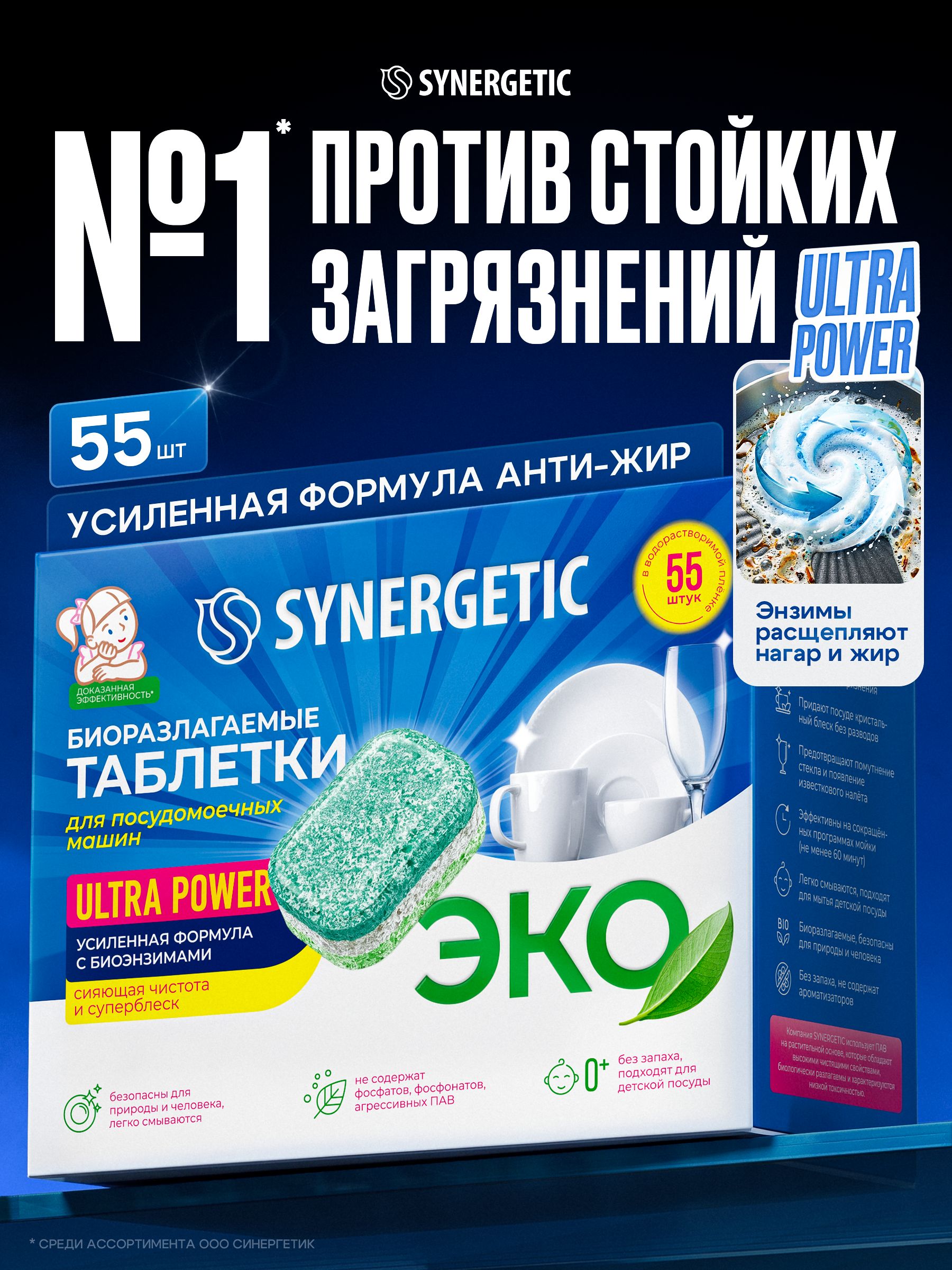 Таблетки для посудомоечной машины SYNERGETIC Ultra Power 55 шт, усиленная формула, в водорастворимой пленке, эко