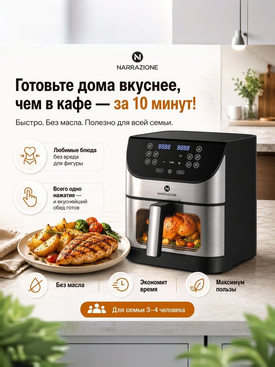 Аэрогриль электрический NARRAZIONE ERA-620D / 6л,1500вт, 9 программ, аэрофртюрница со стеклянной чашей и решеткой