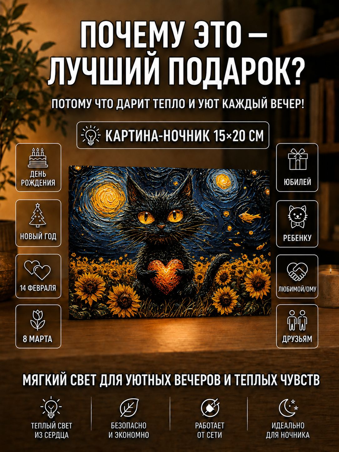 Котик с сердечком среди подсолнухов