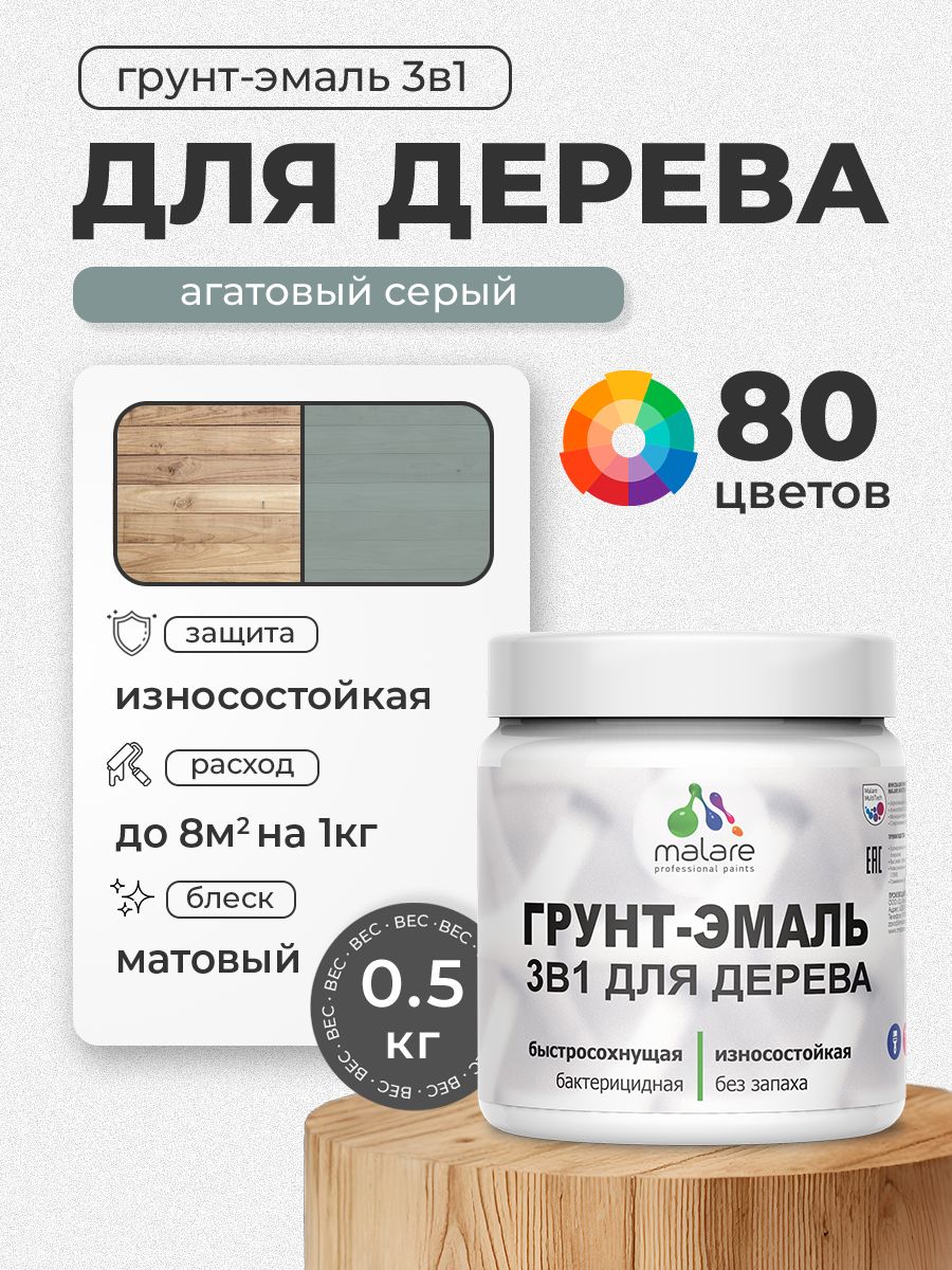 Акриловая Грунт-Эмаль 3 в 1 Malare для деревянных поверхностей с антисептическим эффектом, быстросохнущая, моющаяся без запаха матовая, агатовый серый, 0.5 кг