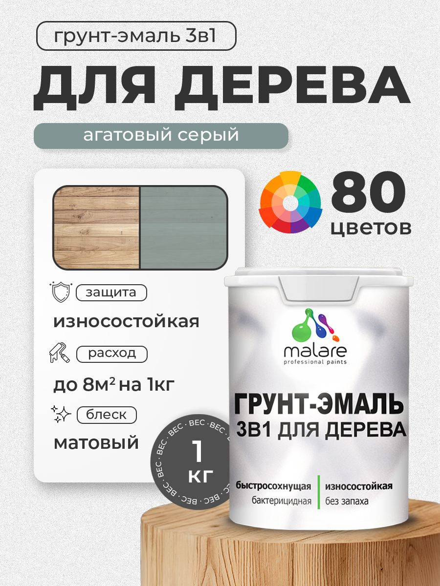 Акриловая Грунт-Эмаль 3 в 1 Malare для деревянных поверхностей с антисептическим эффектом, быстросохнущая, моющаяся без запаха матовая, агатовый серый, 1 кг