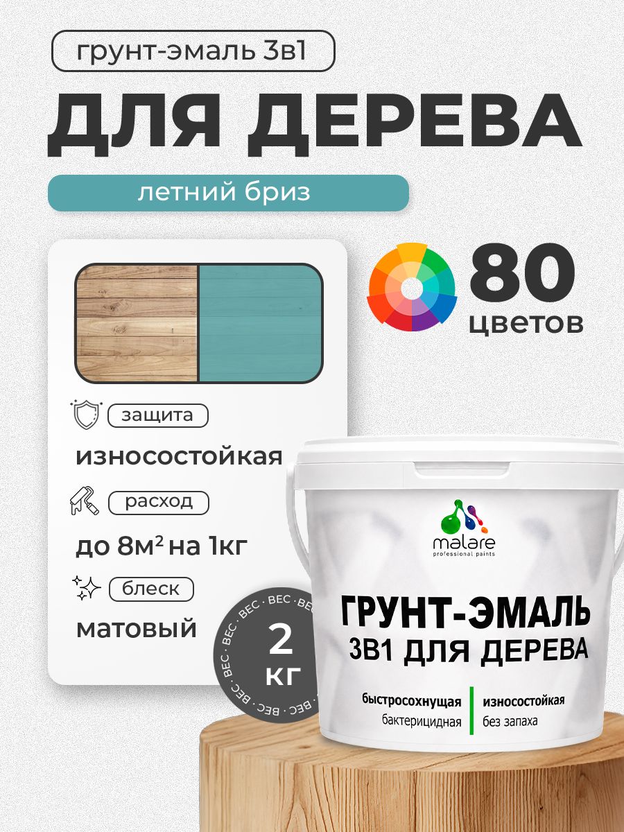 Акриловая Грунт-Эмаль 3 в 1 Malare для деревянных поверхностей с антисептическим эффектом, быстросохнущая, моющаяся без запаха матовая, летний бриз, 2 кг