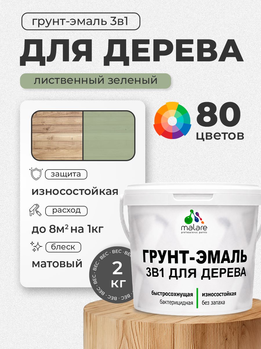 Акриловая Грунт-Эмаль 3 в 1 Malare для деревянных поверхностей с антисептическим эффектом, быстросохнущая, моющаяся без запаха матовая, лиственный зеленый, 2 кг