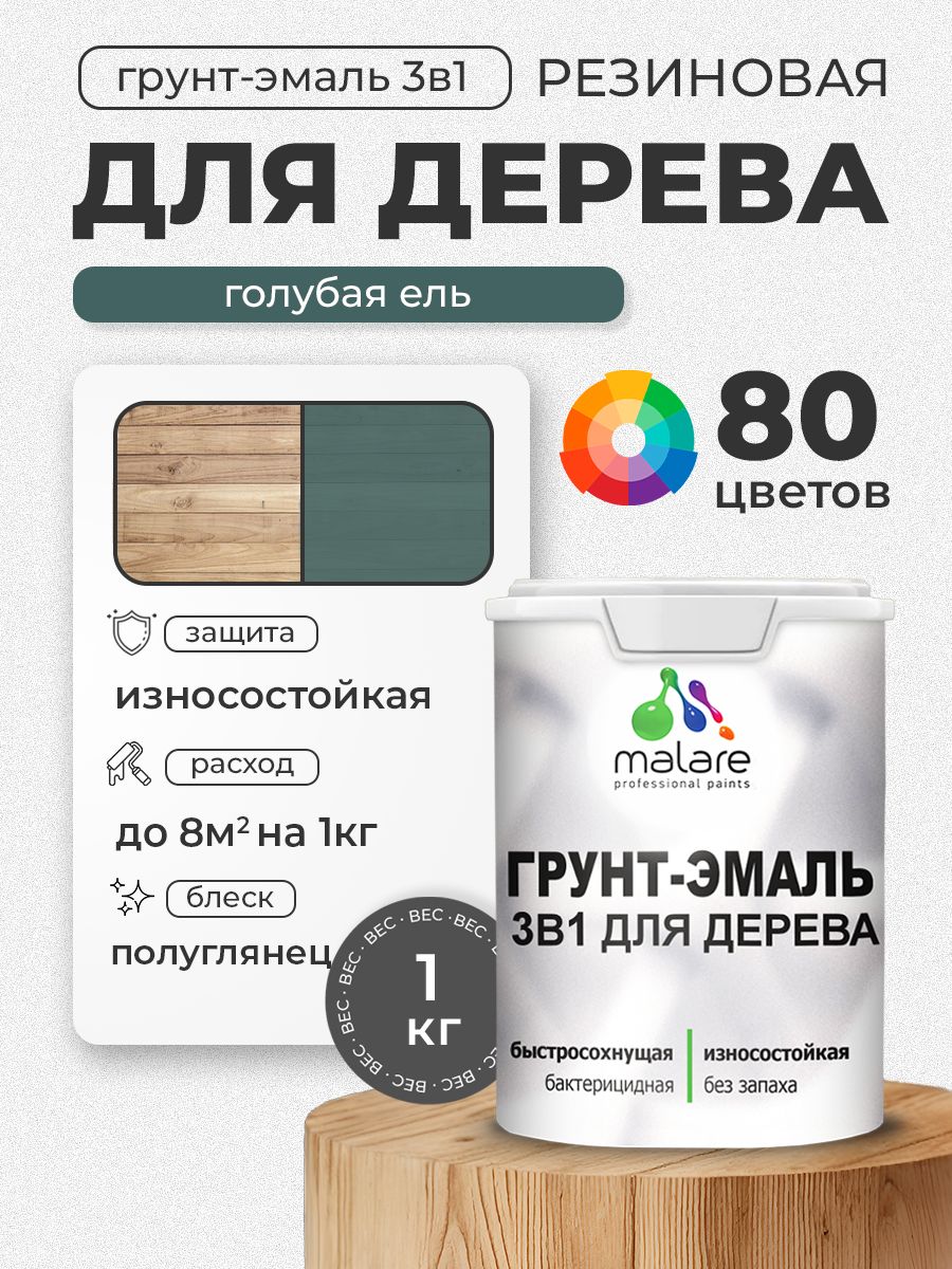 Латексная Грунт-Эмаль 3 в 1 Malare для деревянных поверхностей с антисептическим эффектом, быстросохнущая моющаяся без запаха полуглянцевая, голубая ель, 1 кг
