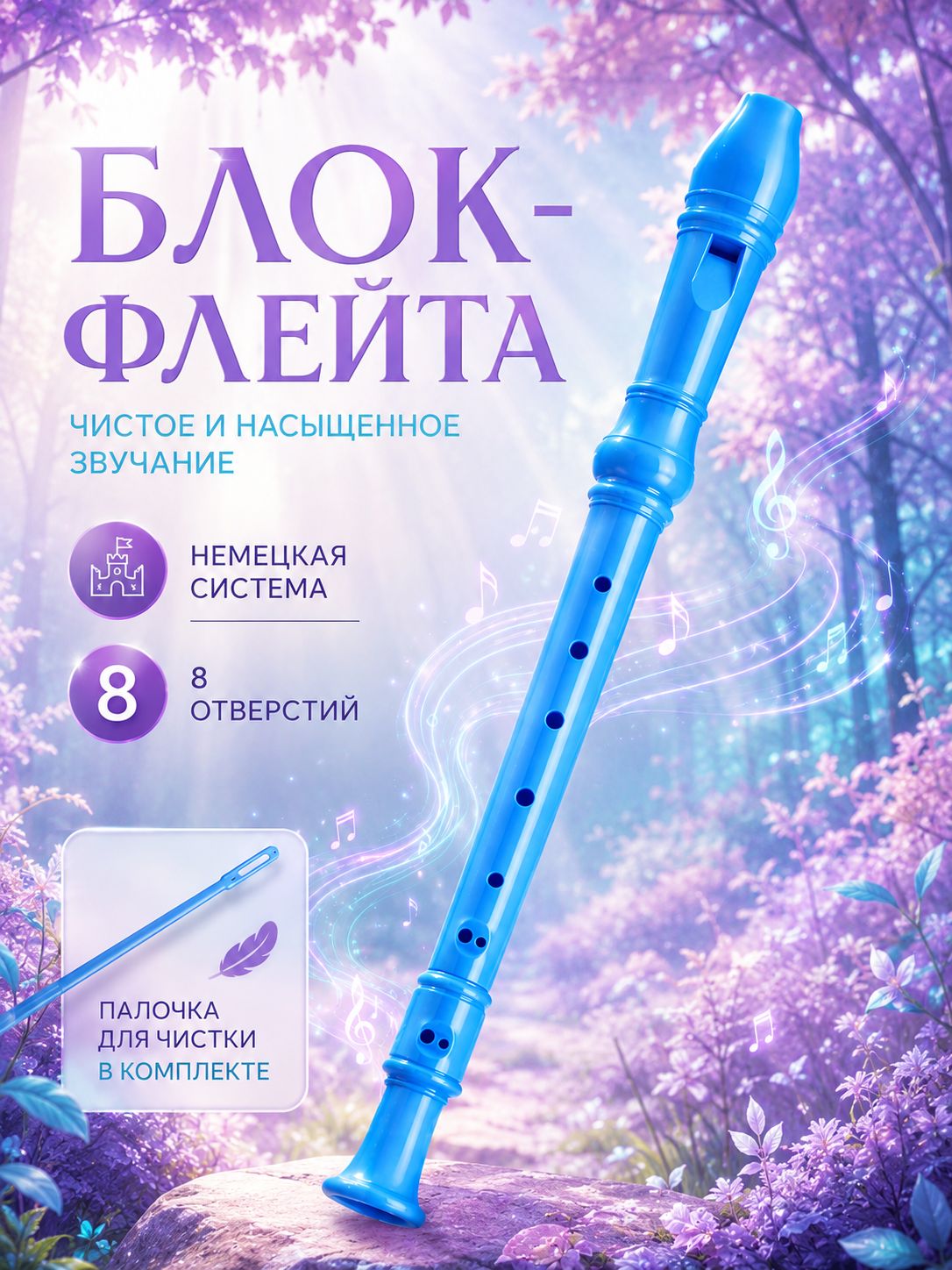 Блокфлейта, 8 отверстий, немецкая система, сопрано голубая