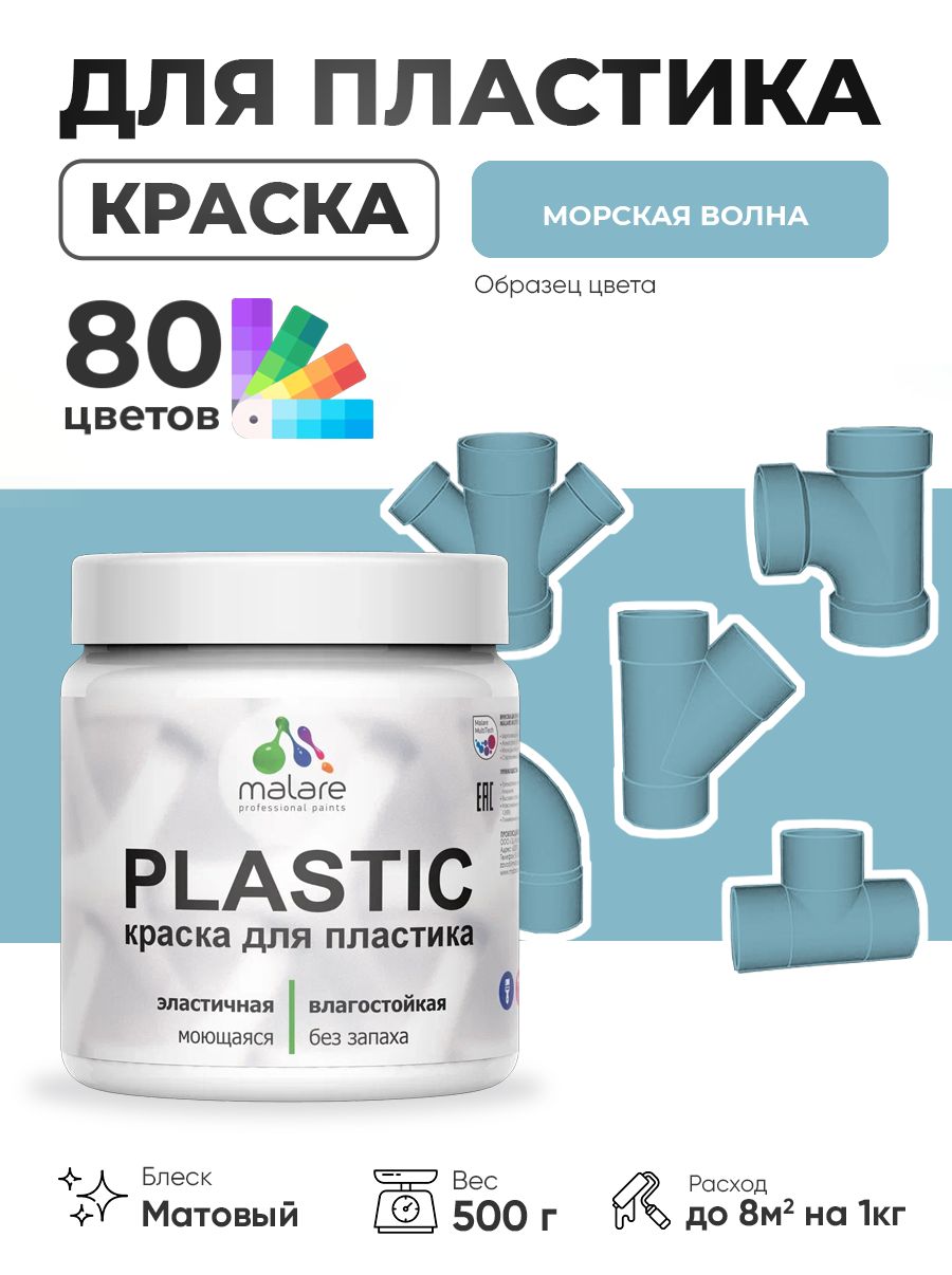 Акриловая краска для пластика Malare Plastic для пенопласта ПВХ сайдинга, для подоконников и откосов, быстросохнущая без запаха, матовая, морская волна, 0.5 кг