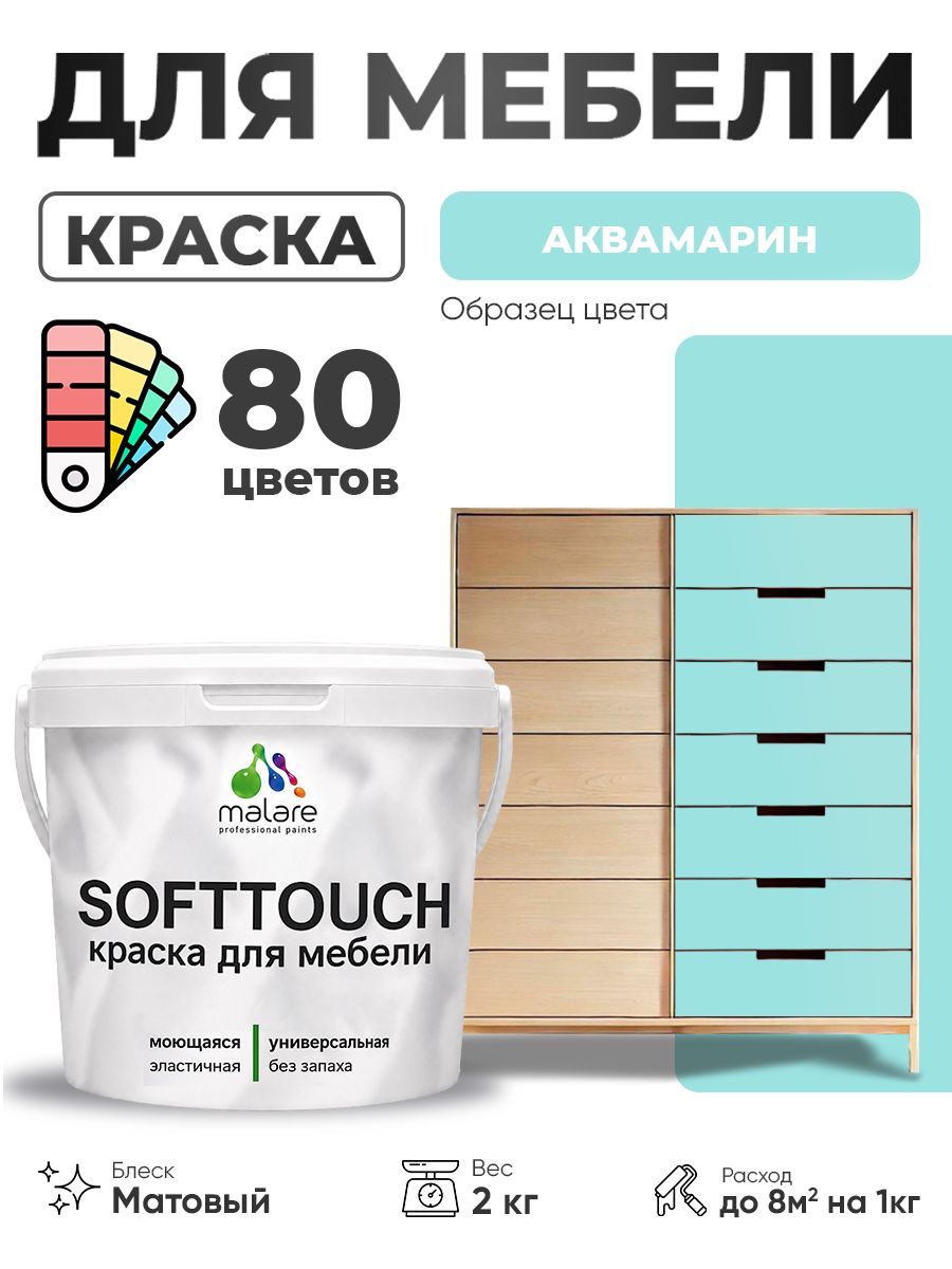 Акриловая краска для мебели Malare SoftTouch для кухонных фасадов для дерева и МДФ, моющаяся быстросохнущая, матовая, аквамарин, 2 кг.