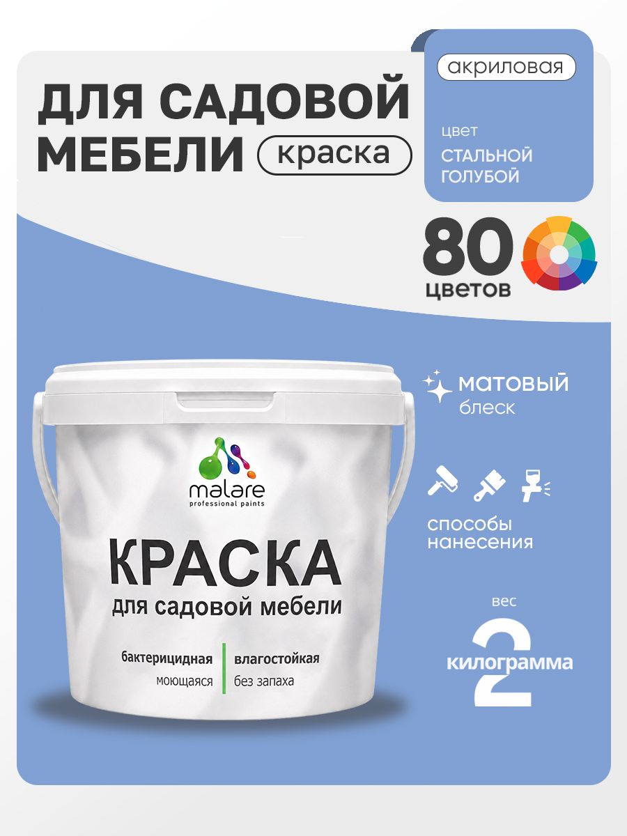 Акриловая краска Malare для садовой мебели/ по дереву, для наружных и внутренних работ/ быстросохнущая моющаяся без запаха матовая, стальной голубой, 2 кг