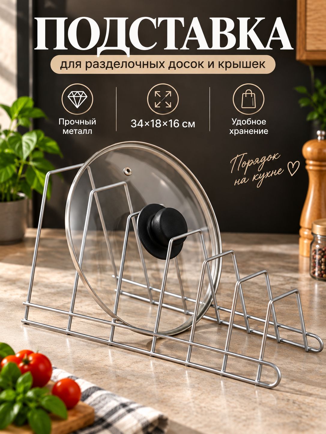 Подставка для досок разделочных, крышек, тарелок, хром
